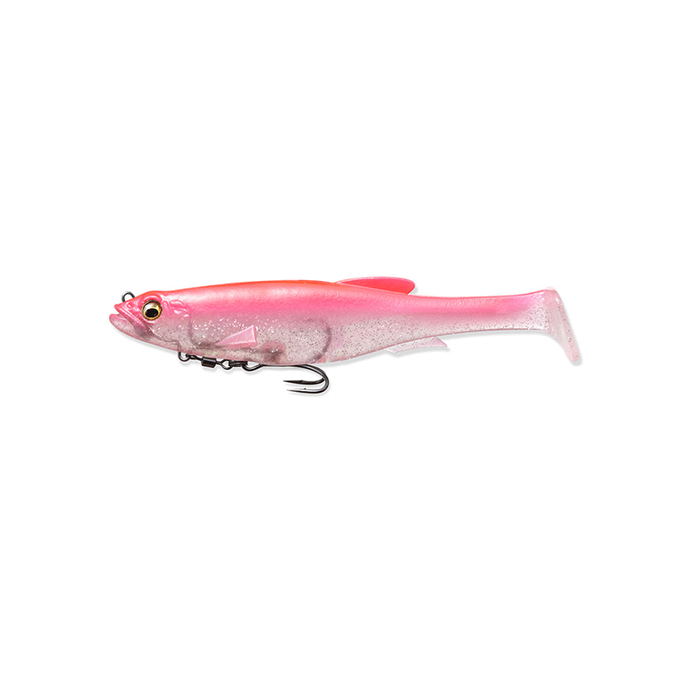 The Megabass Magdraft Swimbait 5in features a pink and white fish-shaped design with head-shaking action, detailed eyes, and a shiny finish. Its realistic appearance is enhanced by a sharp single hook underneath.