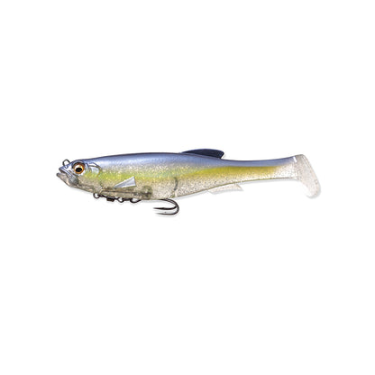 The Megabass Magdraft Swimbait 5in boasts a lifelike design with a metallic blue-silver body, single back fin, visible hook, realistic eye, and semi-transparent tail fin, perfect for producing enticing head-shaking action underwater.