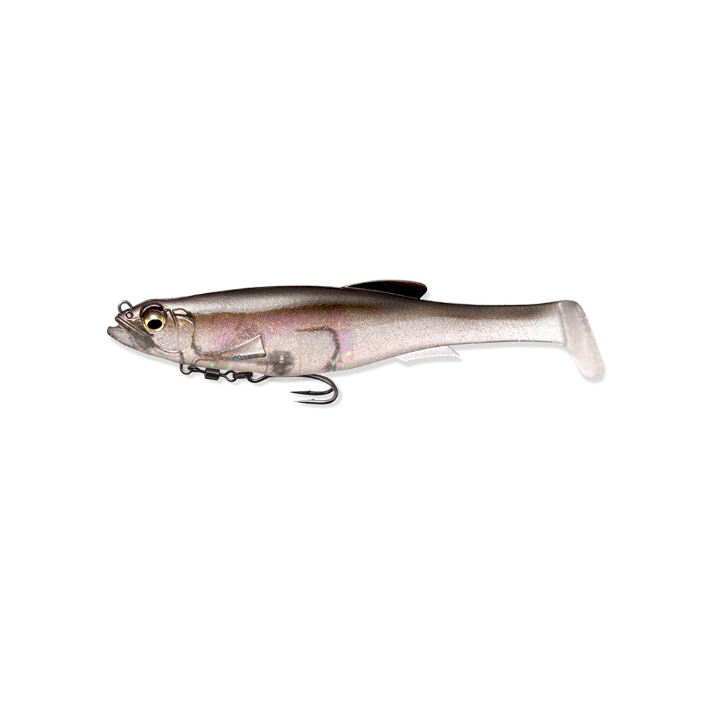 The Megabass Magdraft Swimbait 5in, by Megabass, is a lifelike lure with a metallic finish, detailed eye, and single sharp hook. Its shimmery body mimics a small fish with subtle color changes and head-shaking action for enhanced appeal.