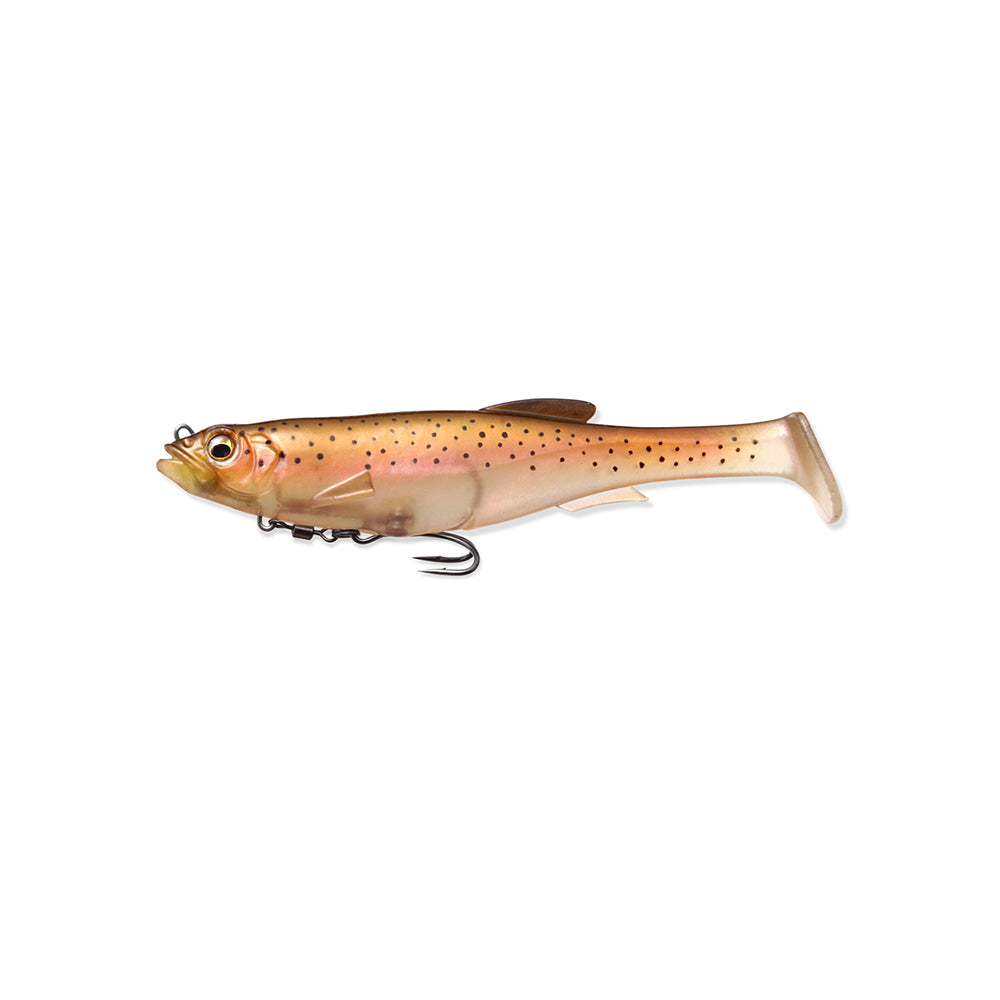 The Megabass Magdraft Swimbait 5in, a realistic fish-shaped lure by Megabass, features brown spots, a detailed face, embedded hook, translucent tail and fins for head-shaking action mimicking small fish. The MAG-HOLD System secures its position against the plain white background.