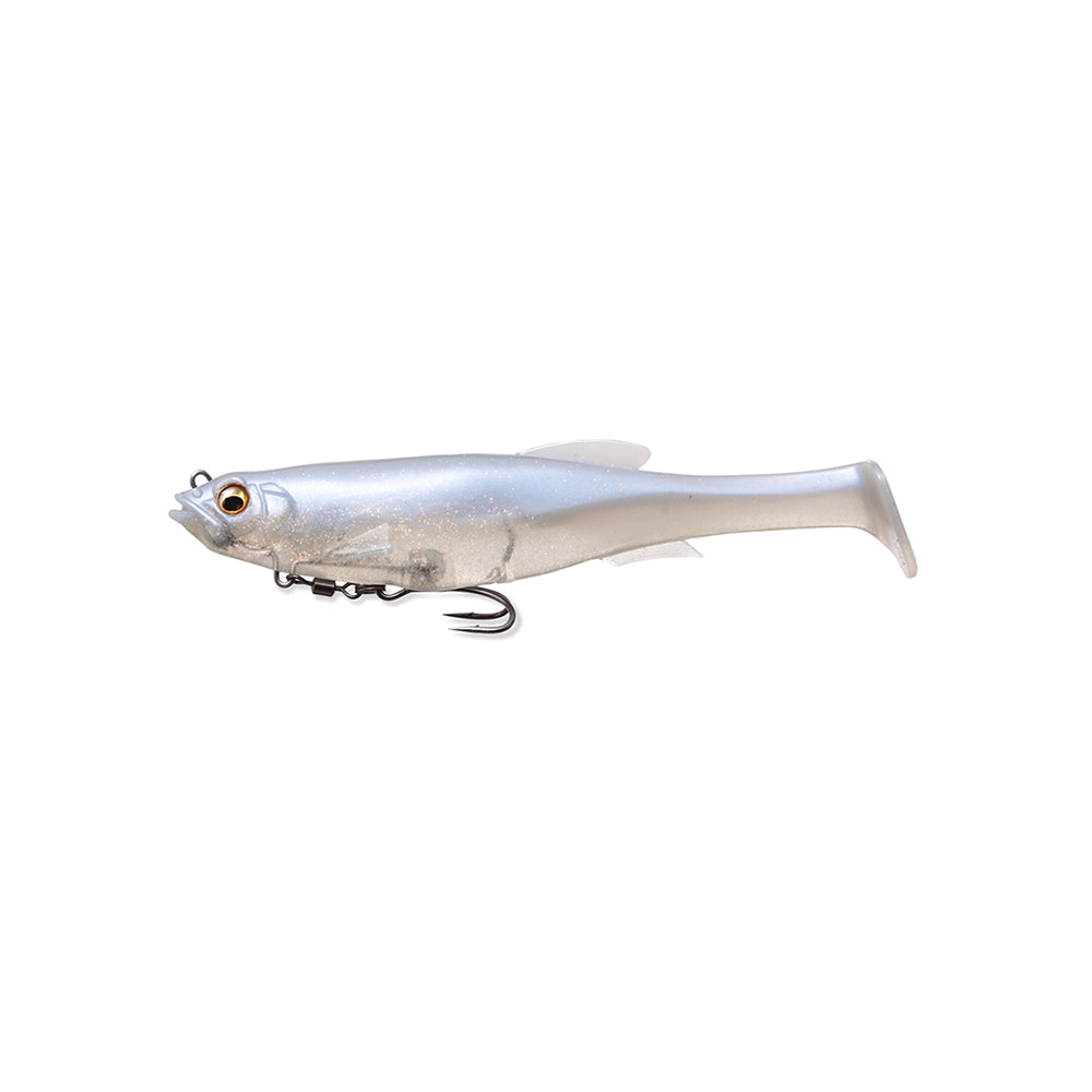 The Megabass Magdraft Swimbait 5in is a silver, fish-shaped lure with realistic eyes and tail. Its head-shaking action entices catches, while a metal hook underneath ensures it's perfect for angling. Displayed against a plain white background, the lure showcases the quality of the Megabass brand.