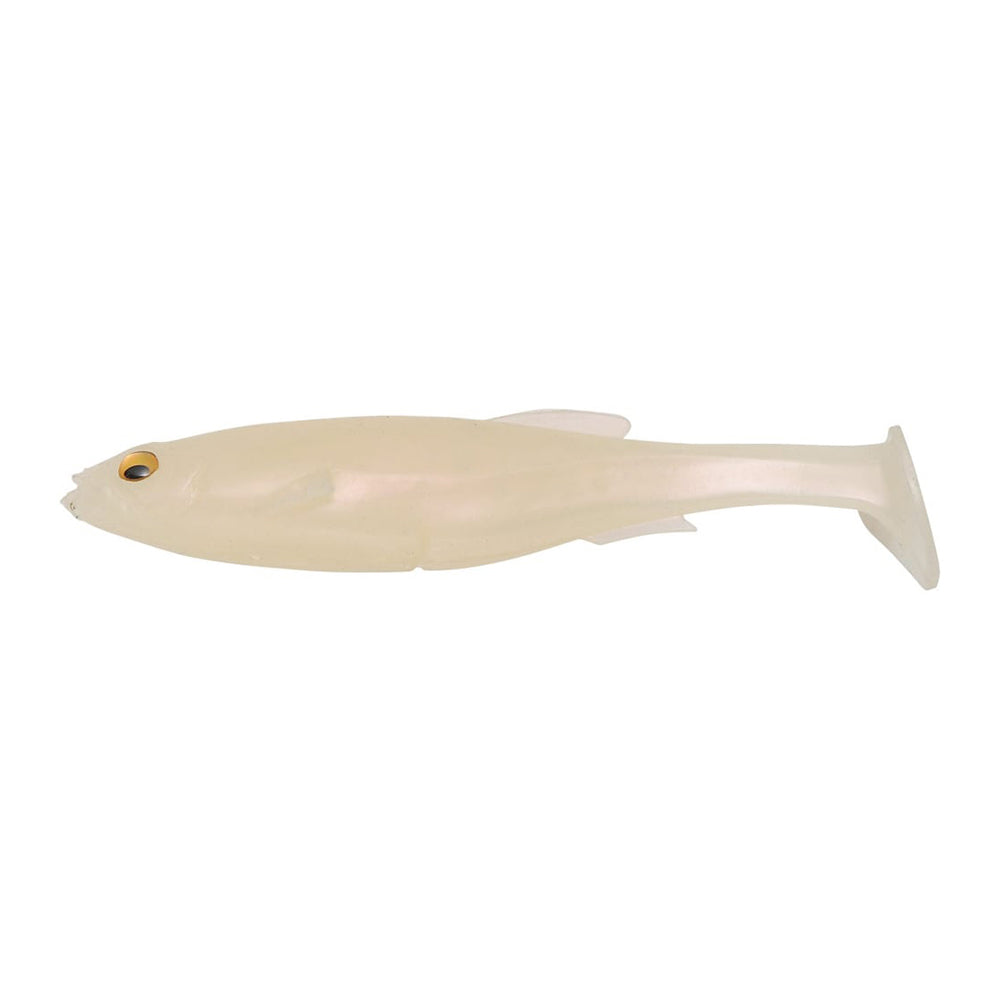The Megabass Magdraft Swimbait by Megabass is a soft, light beige plastic lure shaped like a small fish, featuring a paddle tail and a yellow and black eye for realistic swimming action.