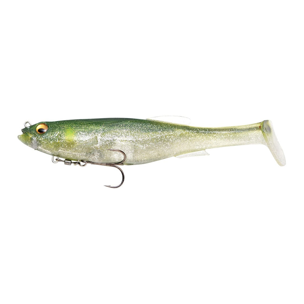 The Megabass Magdraft Swimbait by Megabass is a soft plastic lure resembling a small fish, with a green top, silver sides, paddle tail, and an exposed hook underneath for lifelike swimming action.