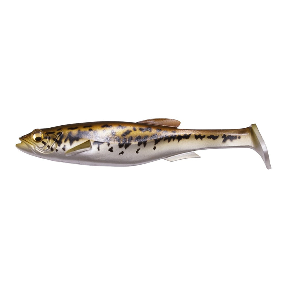 The Megabass Magdraft Swimbait by Megabass is a soft plastic, fish-shaped lure with a gold and brown spotted back, silvery belly, paddle tail, and lifelike swimming action for realistic bait presentation.