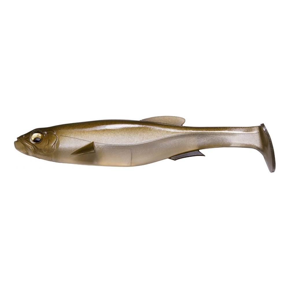 The Megabass Magdraft Swimbait by Megabass is a gold and brown soft plastic lure shaped like a fish, with detailed eyes, fins, and a paddle tail for lifelike swimming action.