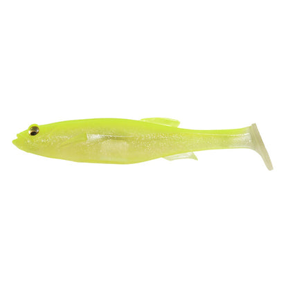 The Megabass Magdraft Swimbait by Megabass is a yellow-green, soft plastic bait shaped like a small fish with a paddle tail and single painted eye, designed for lifelike swimming action.