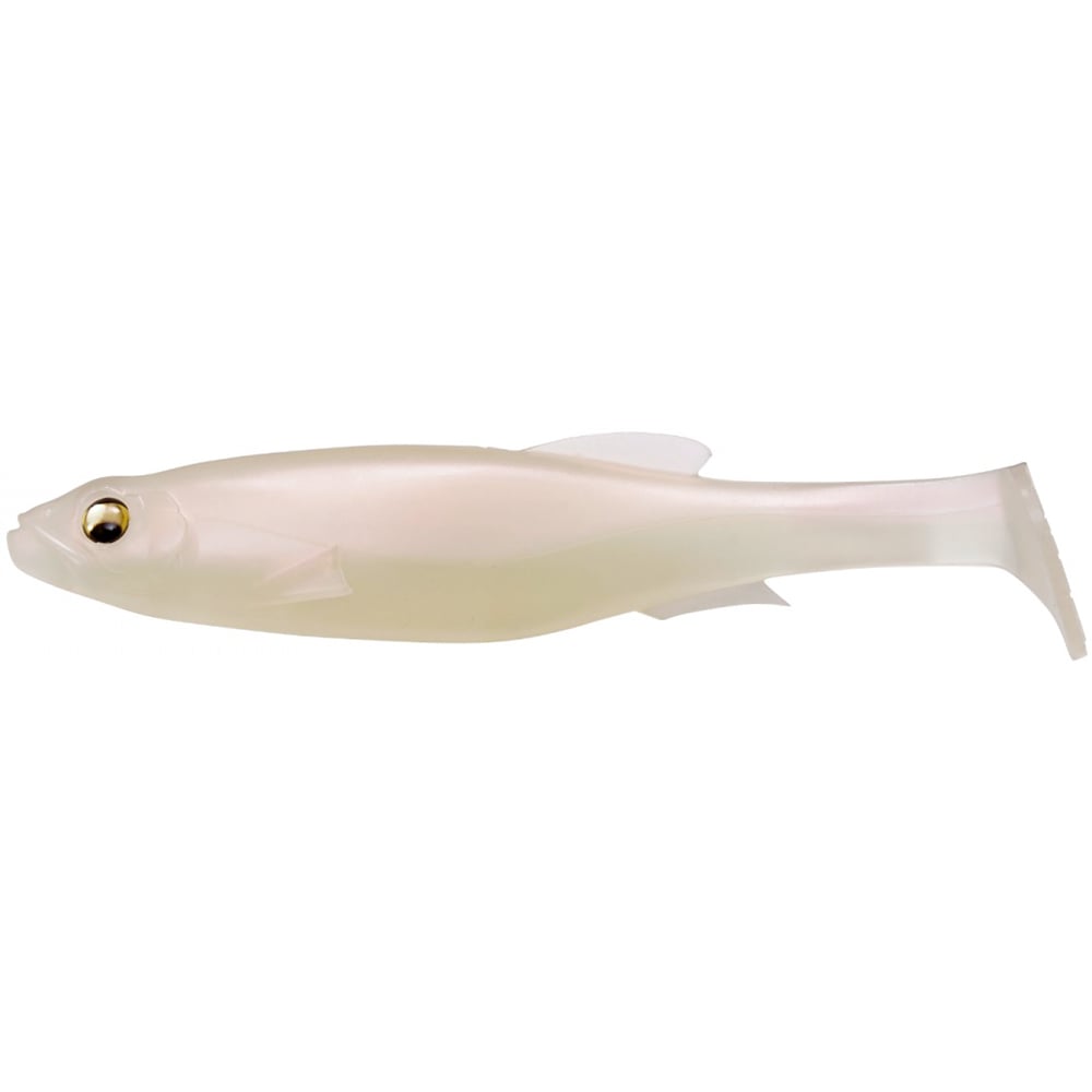 The Megabass Magdraft Freestyle Swimbait features a translucent, fish-shaped design with a shiny surface, prominent eye, sleek body, top fin, and flat tail. Its pale shades and iridescent sheen make it ideal for rigging to attract big bass.