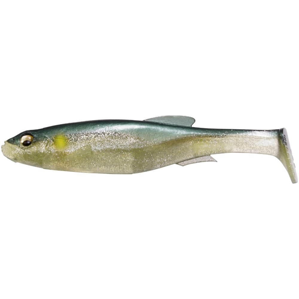 The Megabass Magdraft Freestyle Swimbait is a lifelike soft lure with a glittery greenish-blue back, yellowish sides, and a light belly. It features a paddle tail, small fins, and realistic eyes—ideal for rigging to attract big bass.