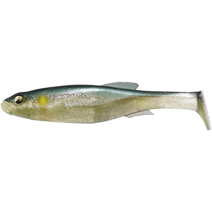 The Megabass Magdraft Freestyle Swimbait is a lifelike soft lure with a glittery greenish-blue back, yellowish sides, and a light belly. It features a paddle tail, small fins, and realistic eyes—ideal for rigging to attract big bass.