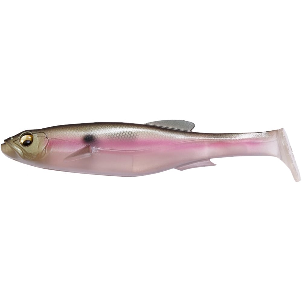 The Megabass Magdraft Freestyle Swimbait by Megabass is a realistic fishing lure with a translucent body that transitions from silver to pink, featuring pronounced eyes, a detailed head, and a small dorsal fin—ideal for attracting big bass.