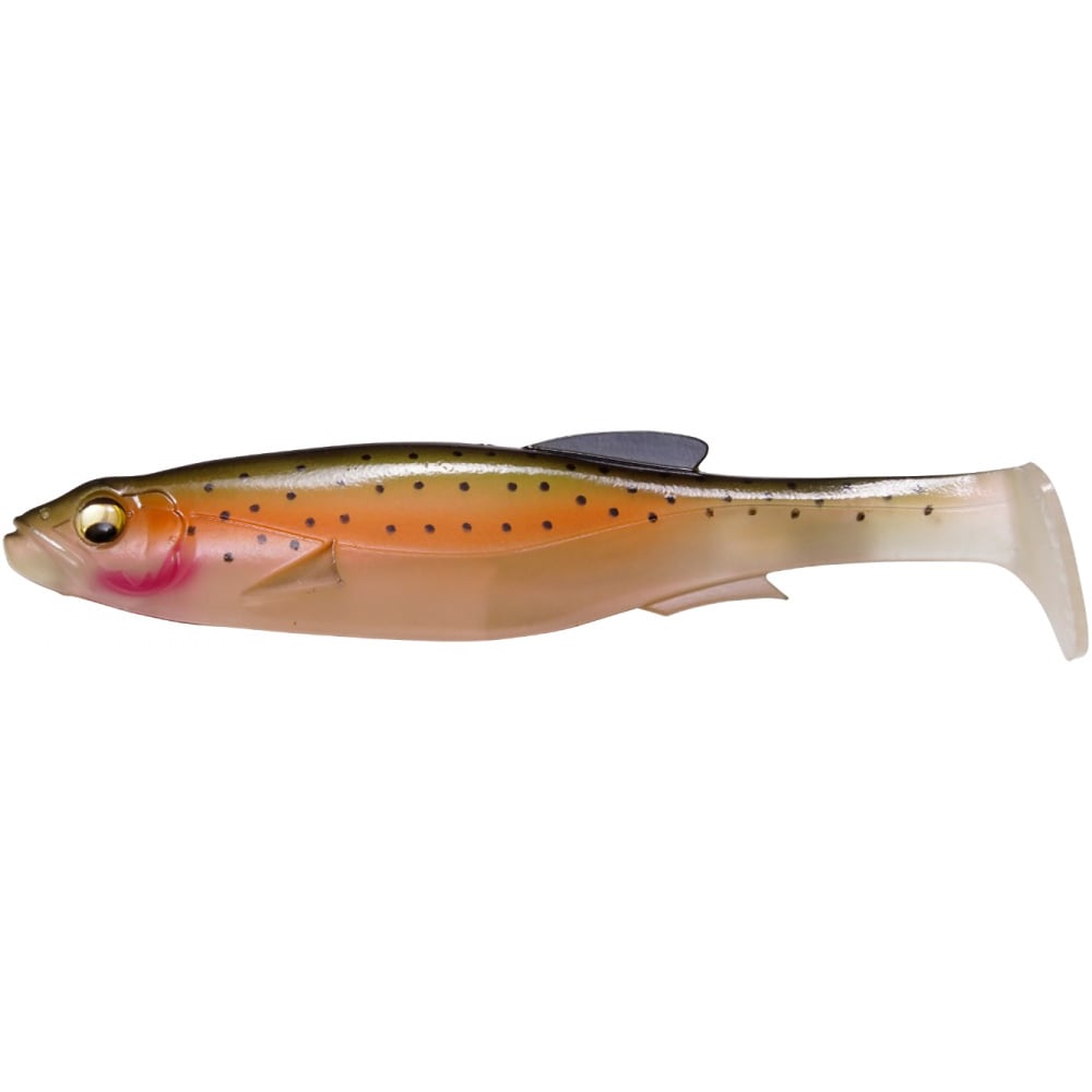 The Megabass Magdraft Freestyle Swimbait is a plastic fish lure designed to entice big bass, featuring a reddish-orange top, speckled black dots, and a cream underbelly. Detailed with an eye and small dorsal fin, it's expertly crafted by Megabass for effective rigging while fishing.