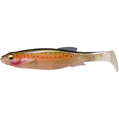 The Megabass Magdraft Freestyle Swimbait is a plastic fish lure designed to entice big bass, featuring a reddish-orange top, speckled black dots, and a cream underbelly. Detailed with an eye and small dorsal fin, it's expertly crafted by Megabass for effective rigging while fishing.
