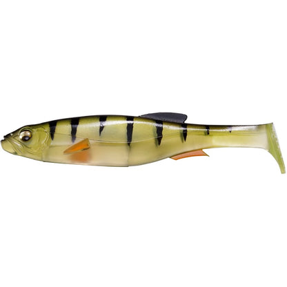 The Megabass Magdraft Freestyle Swimbait by Megabass is expertly crafted with a fish-like shape, featuring green and yellow scales with bold black stripes. An orange fin enhances its vibrant look, while the realistic eye makes it a must-have for anglers targeting big bass.
