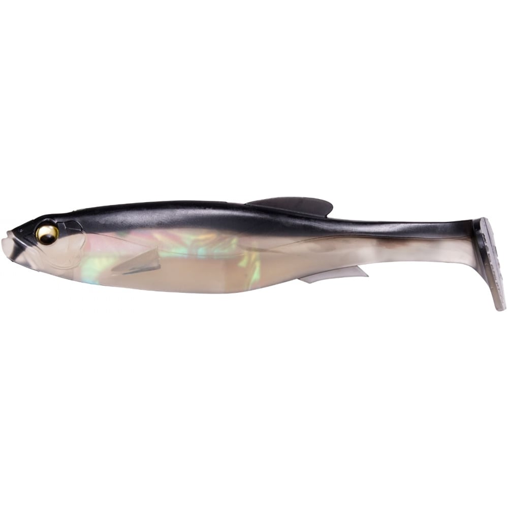 The Megabass Magdraft Freestyle Swimbait from Megabass is a lifelike, fish-shaped lure with a black top, reflective translucent body, rigging fins, and detailed shiny eye to attract big bass.