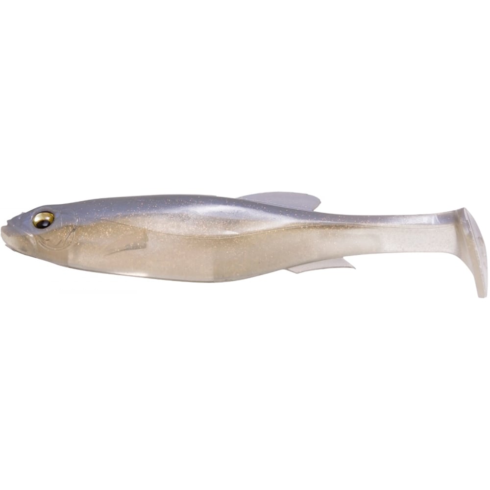 The Megabass Magdraft Freestyle Swimbait, by Megabass, is a lifelike lure shaped like a small fish with a shiny metallic body, prominent eye, and paddle tail. It's perfect for rigging to attract big bass by mimicking baitfish.