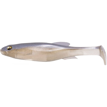 The Megabass Magdraft Freestyle Swimbait, by Megabass, is a lifelike lure shaped like a small fish with a shiny metallic body, prominent eye, and paddle tail. It's perfect for rigging to attract big bass by mimicking baitfish.