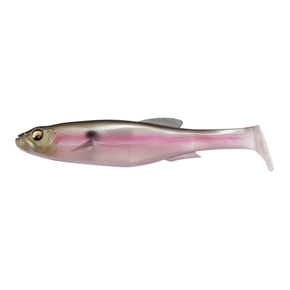 The Megabass Magdraft Swimbait by Megabass features a realistic small fish shape, pinkish-purple belly, dark back, yellow head, and lifelike eye for an enticing swimming action.