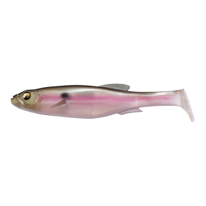 The Megabass Magdraft Swimbait by Megabass features a realistic small fish shape, pinkish-purple belly, dark back, yellow head, and lifelike eye for an enticing swimming action.