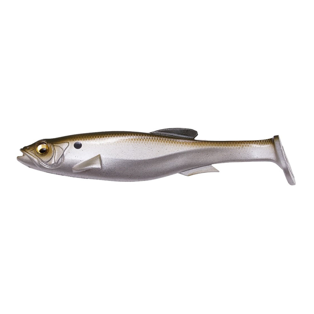 The Megabass Magdraft Swimbait by Megabass is a silver and gray soft plastic lure, shaped like a small fish with detailed eyes, fins, and paddle tail for lifelike swimming action, shown isolated on a white background.
