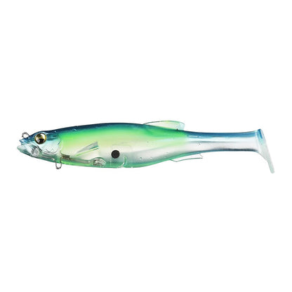 The Megabass Magdraft Swimbait by Megabass features a lifelike fish shape, green and blue gradient body, clear dorsal fin, yellow eye, and metal line attachment near the mouth for highly realistic swimming action.
