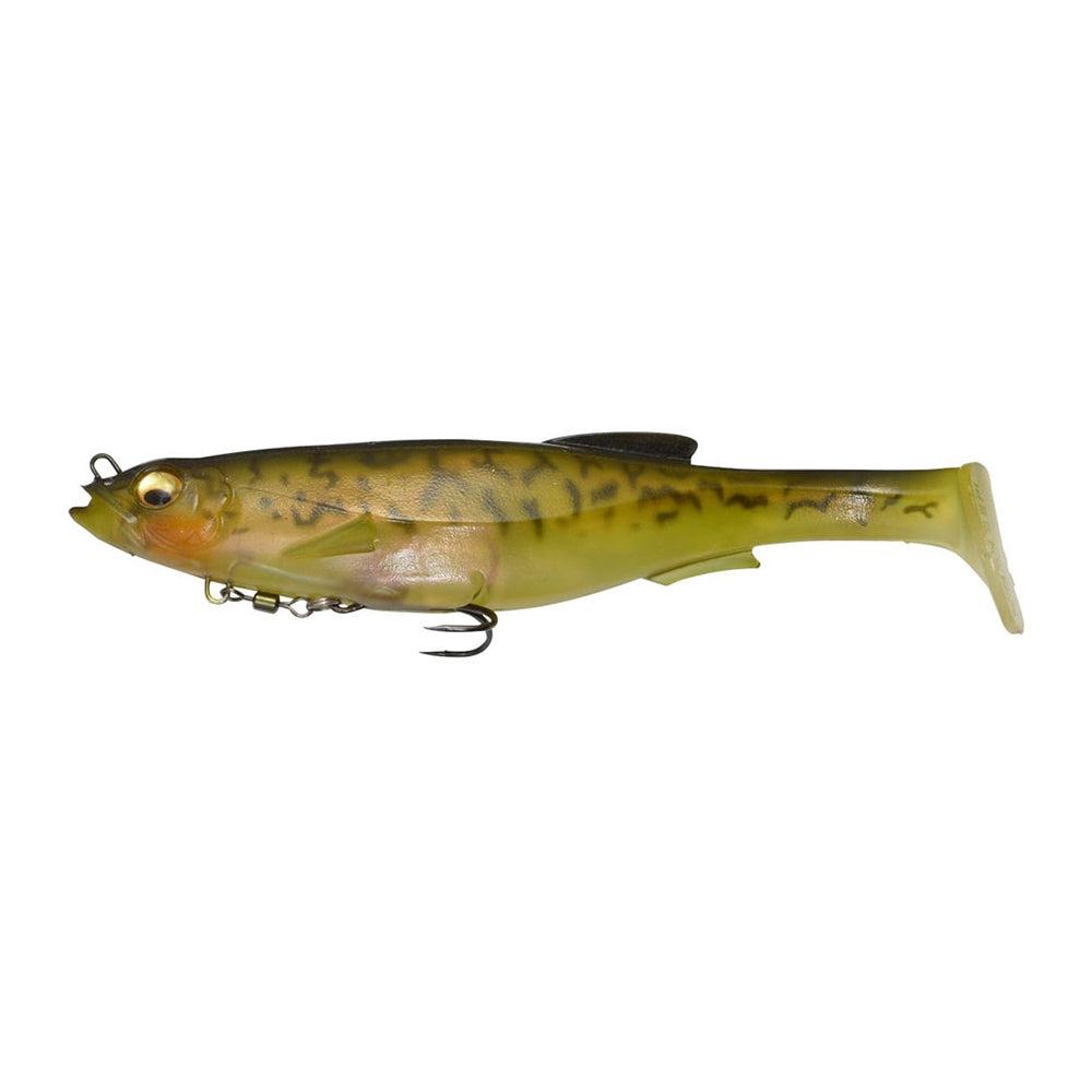 The Megabass Magdraft Swimbait by Megabass is a green and yellow, fish-shaped lure with lifelike swimming action, two treble hooks on the underside, a top fin, and a realistic design to help attract more catches.