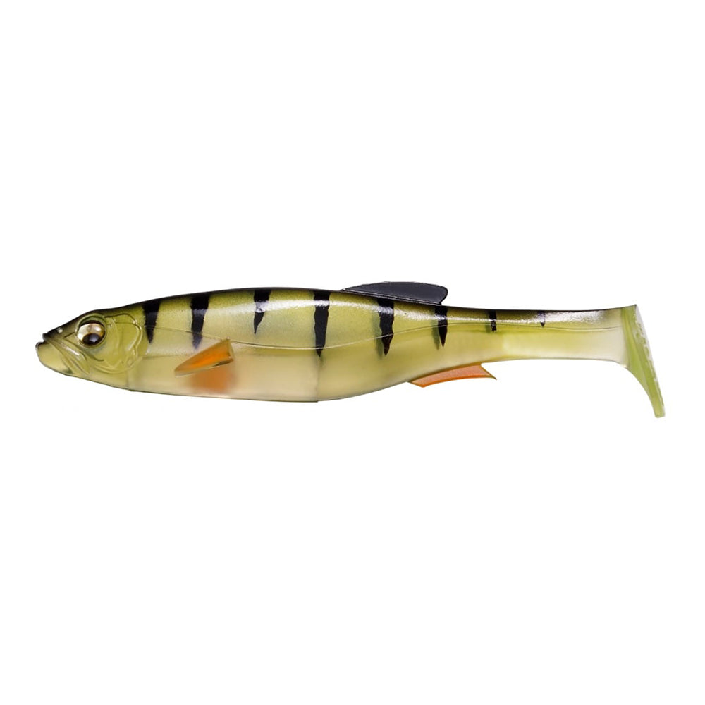 The Megabass Magdraft Swimbait by Megabass is a realistic, soft plastic swimbait with a greenish-yellow body, black stripes, small dorsal fin, orange accents near the fins, and lifelike swimming action.