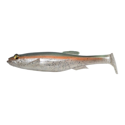 The Megabass Magdraft Swimbait by Megabass is a lifelike lure shaped like a small fish, with a grayish body, black speckles, an orange side stripe, and a yellow eye for realistic swimming action.