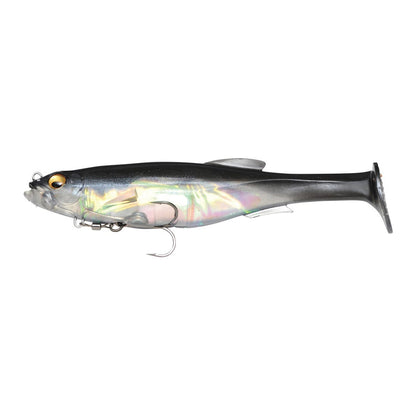 The Megabass Magdraft Swimbait by Megabass features a shiny, realistic design with dark back, silver sides, yellow eye, and a single exposed hook for lifelike swimming action to attract big catches.