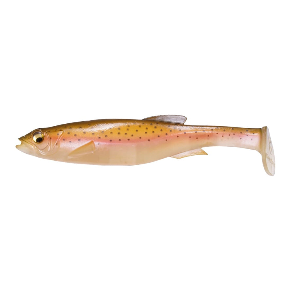 The Megabass Magdraft Swimbait by Megabass is a soft plastic lure shaped like a small fish, with a light brown top, pinkish sides, white underside, black spots, and a paddle tail for lifelike swimming action.