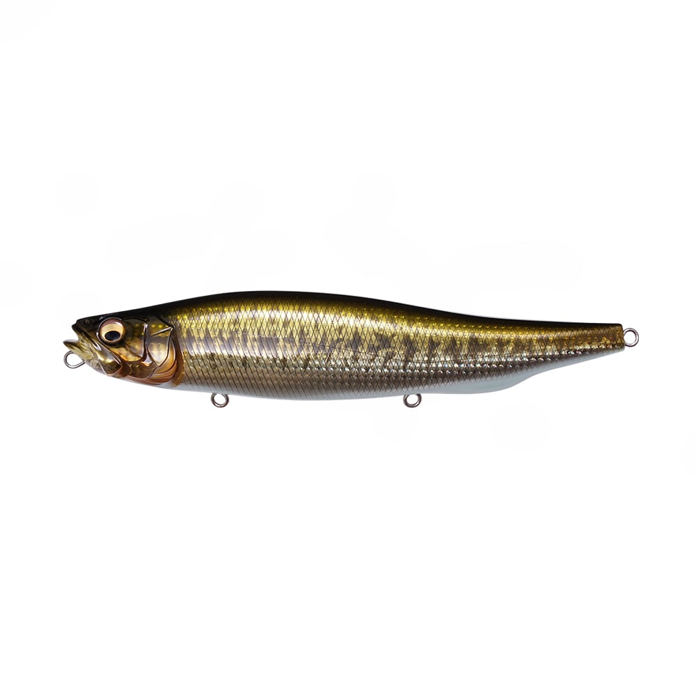 The Megabass Megadog by Megabass is a gold and brown, fish-shaped topwater bait with a shiny textured body and three metal rings, shown on a white background—ideal for attracting monster sea bass.