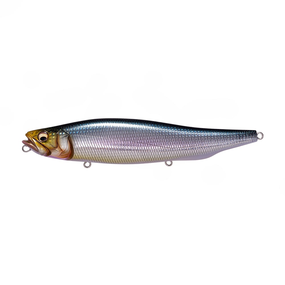 The Megabass Megadog by Megabass is a lifelike fishing lure with metallic blue, silver, and gold scales, realistic eyes, and strong metal rings for hooks—ideal for catching monster sea bass. Product shown on a plain white background.