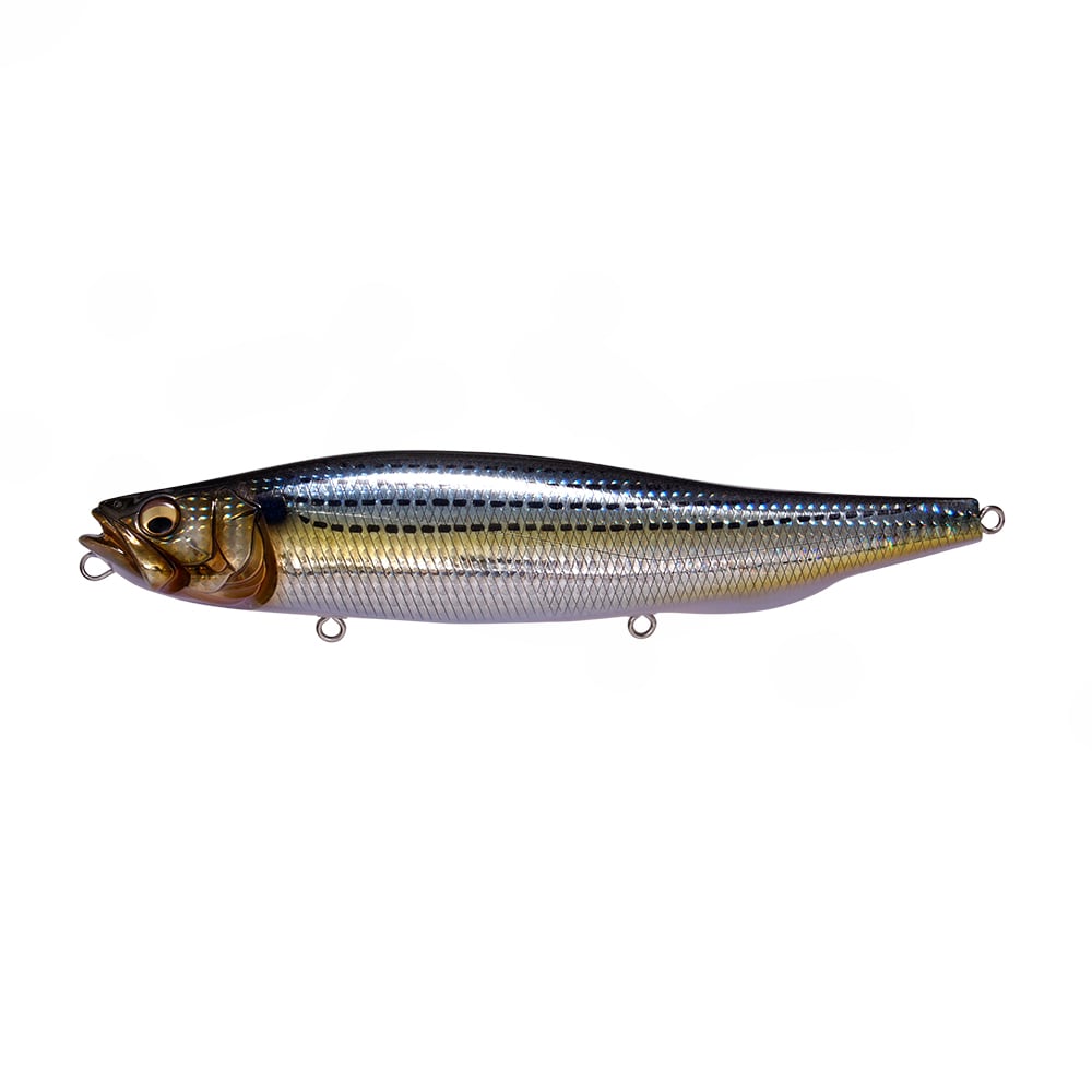The Megabass Megadog by Megabass is a realistic, small fish-shaped lure with detailed scales in metallic blue, silver, and gold, featuring attachment loops on mouth, belly, and tail—ideal topwater bait for monster sea bass.