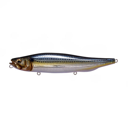 The Megabass Megadog by Megabass is a realistic, small fish-shaped lure with detailed scales in metallic blue, silver, and gold, featuring attachment loops on mouth, belly, and tail—ideal topwater bait for monster sea bass.