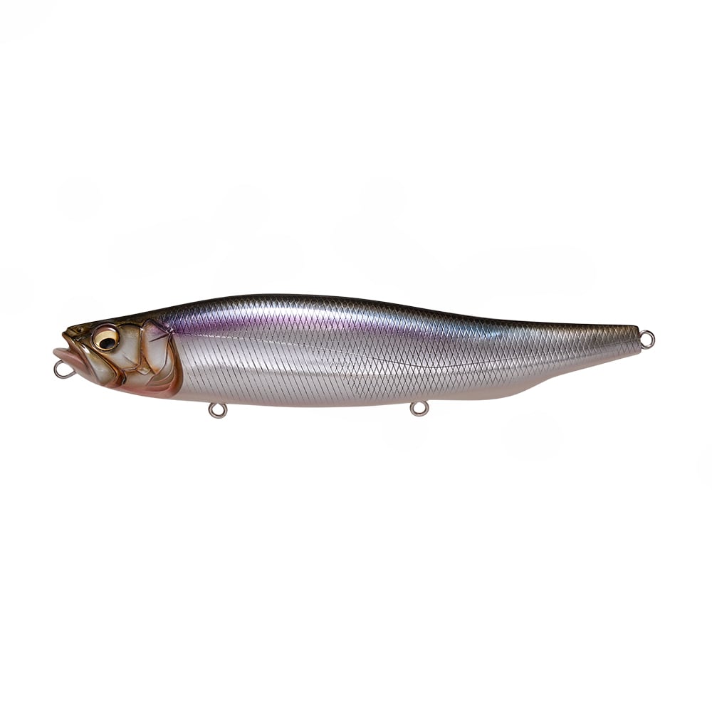 The Megabass Megadog by Megabass is a realistic, fish-shaped lure with a metallic purple and silver finish, inspired by real fish. It features a hook attachment ring at the mouth and two more along the belly and tail for versatile rigging.