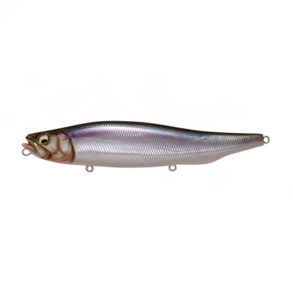 The Megabass Megadog by Megabass is a realistic, fish-shaped lure with a metallic purple and silver finish, inspired by real fish. It features a hook attachment ring at the mouth and two more along the belly and tail for versatile rigging.