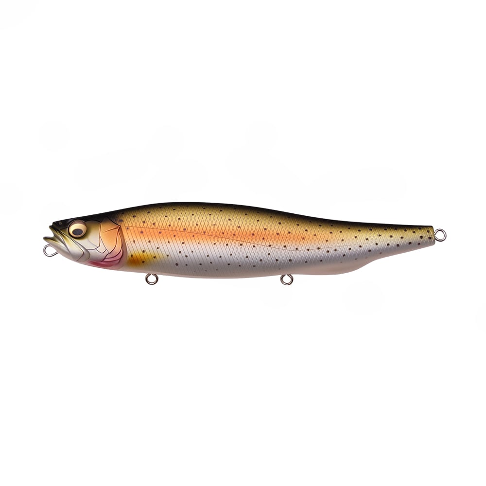 The Megabass Megadog from Megabass is a realistic fish-shaped topwater bait featuring a metallic gold, brown, and silver body with black spots, lifelike facial details, and three attachment loops—ideal for targeting monster sea bass.