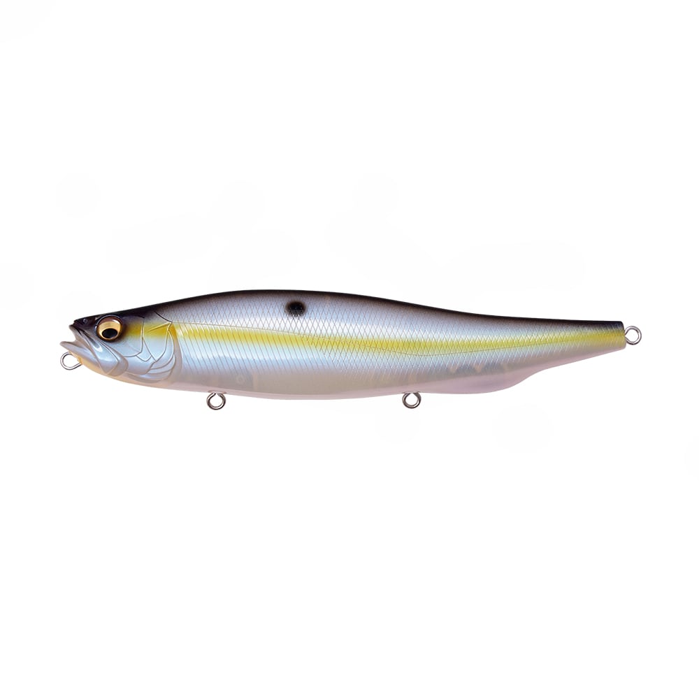 The Megabass Megadog by Megabass is a lifelike, fish-shaped topwater bait with a silvery body, yellow side shimmer, black head spot, and attachment rings—perfect for targeting monster sea bass.
