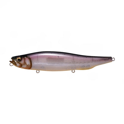 The Megabass Megadog by Megabass is a lifelike, fish-shaped topwater lure with a shiny silver, purple, and beige gradient body and three metal loops—ideal for catching monster sea bass.