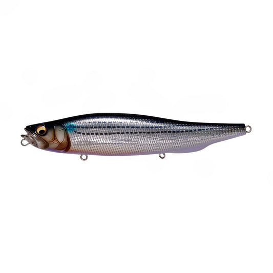 The Megabass Megadog by Megabass is a lifelike silver and black topwater lure, featuring textured scales, a detailed eye, and three metal rings—ideal for catching monster sea bass.