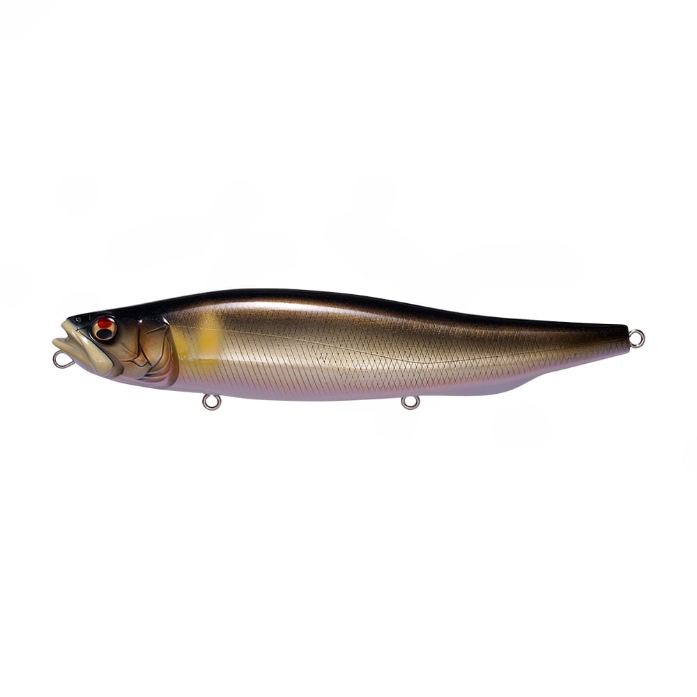 The Megabass Megadog, by Megabass, is a realistic topwater lure with a metallic dark brown back, yellow belly, red eyes, and three attachment rings—perfect for catching big sea bass. Inspired by the acclaimed Megadog design.