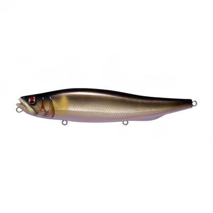 The Megabass Megadog, by Megabass, is a realistic topwater lure with a metallic dark brown back, yellow belly, red eyes, and three attachment rings—perfect for catching big sea bass. Inspired by the acclaimed Megadog design.