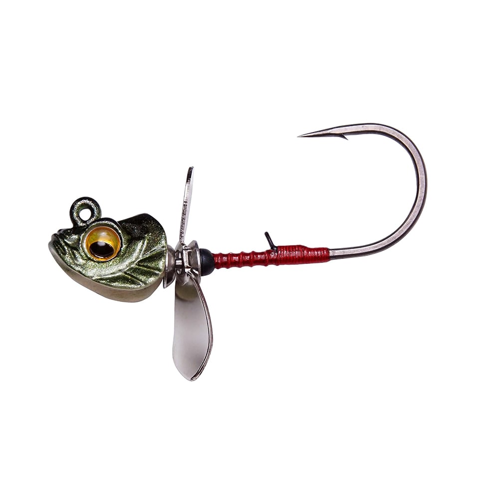 The Megabass Okashira Screwhead by Megabass is a fish head-shaped fishing lure with a large, realistic eye, asymmetrical prop, exposed curved hook, and a metallic green and silver body featuring a red section near the hook.