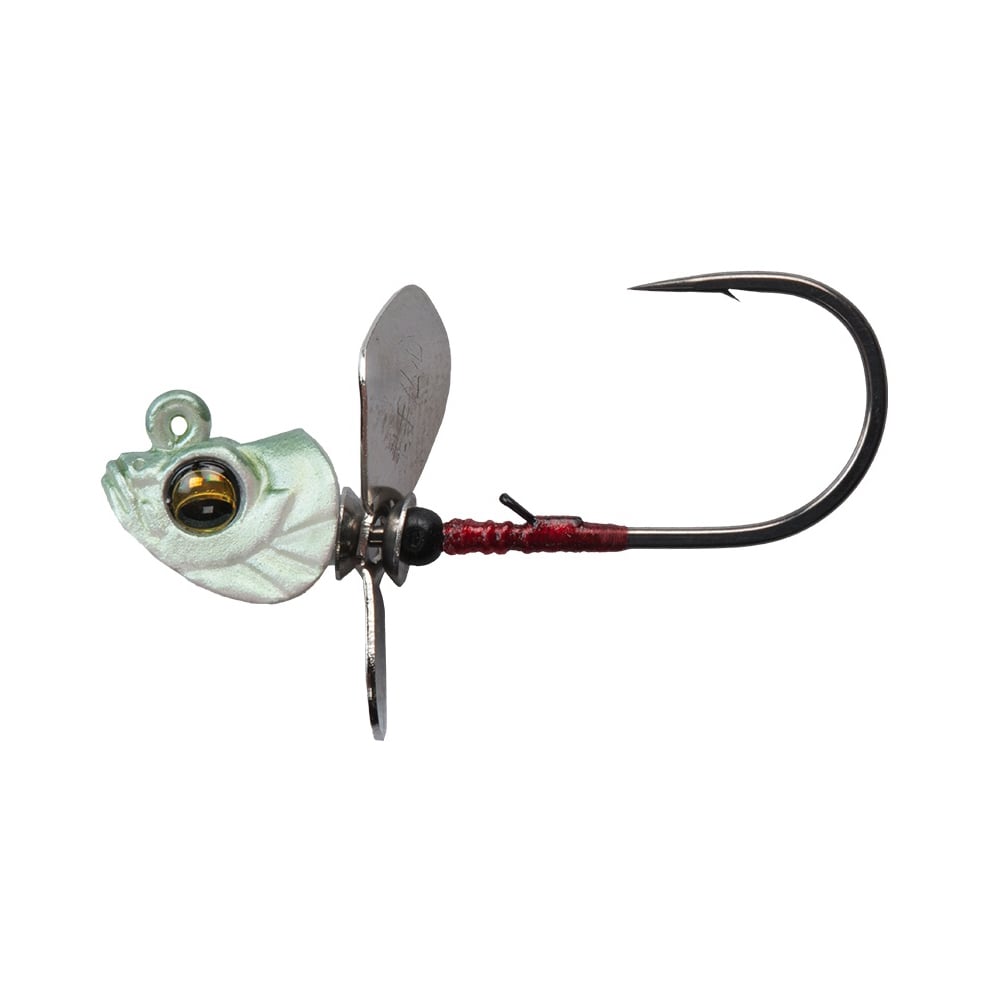 The Megabass Okashira Screwhead fishing lure by Megabass features a fish head design, metallic Asymmetrical Prop blade, large curved hook for great penetration, realistic eye, and red thread wrap near the hook.