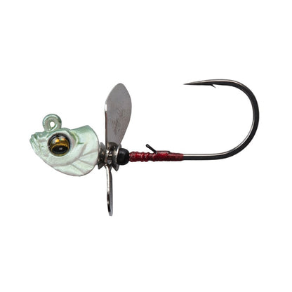 The Megabass Okashira Screwhead fishing lure by Megabass features a fish head design, metallic Asymmetrical Prop blade, large curved hook for great penetration, realistic eye, and red thread wrap near the hook.