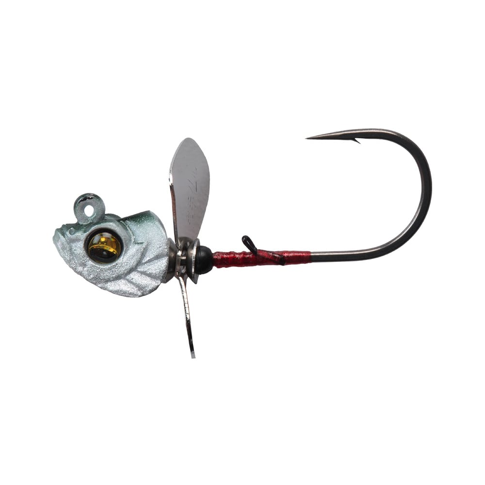 The Megabass Okashira Screwhead is a fish-shaped jig head with an asymmetrical prop, silver metallic blade, reflective eye, textured details, and a large single hook for superior penetration.
