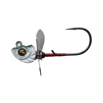 The Megabass Okashira Screwhead is a fish-shaped jig head with an asymmetrical prop, silver metallic blade, reflective eye, textured details, and a large single hook for superior penetration.