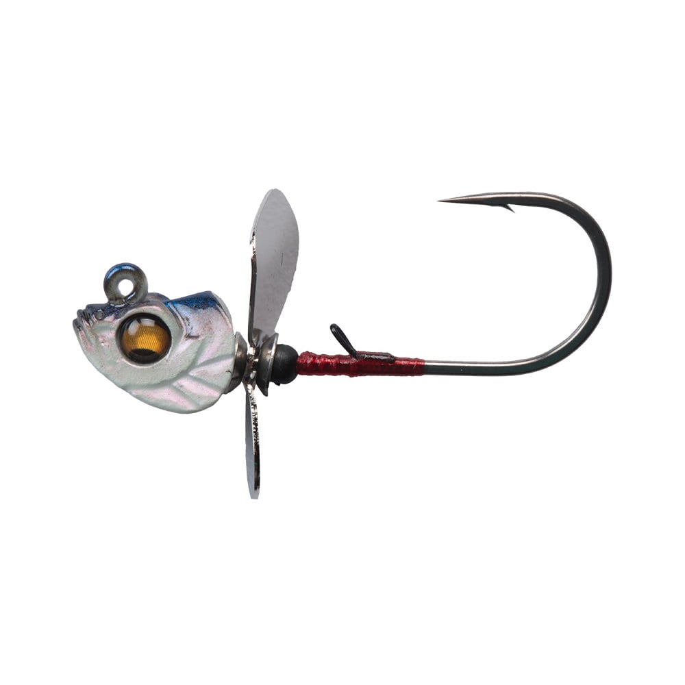 The Megabass Okashira Screwhead jig head by Megabass features a fish-shaped design, large eye, sharp hook for great penetration, and an asymmetrical prop for extra attraction, making it a highly effective lure for catching fish.