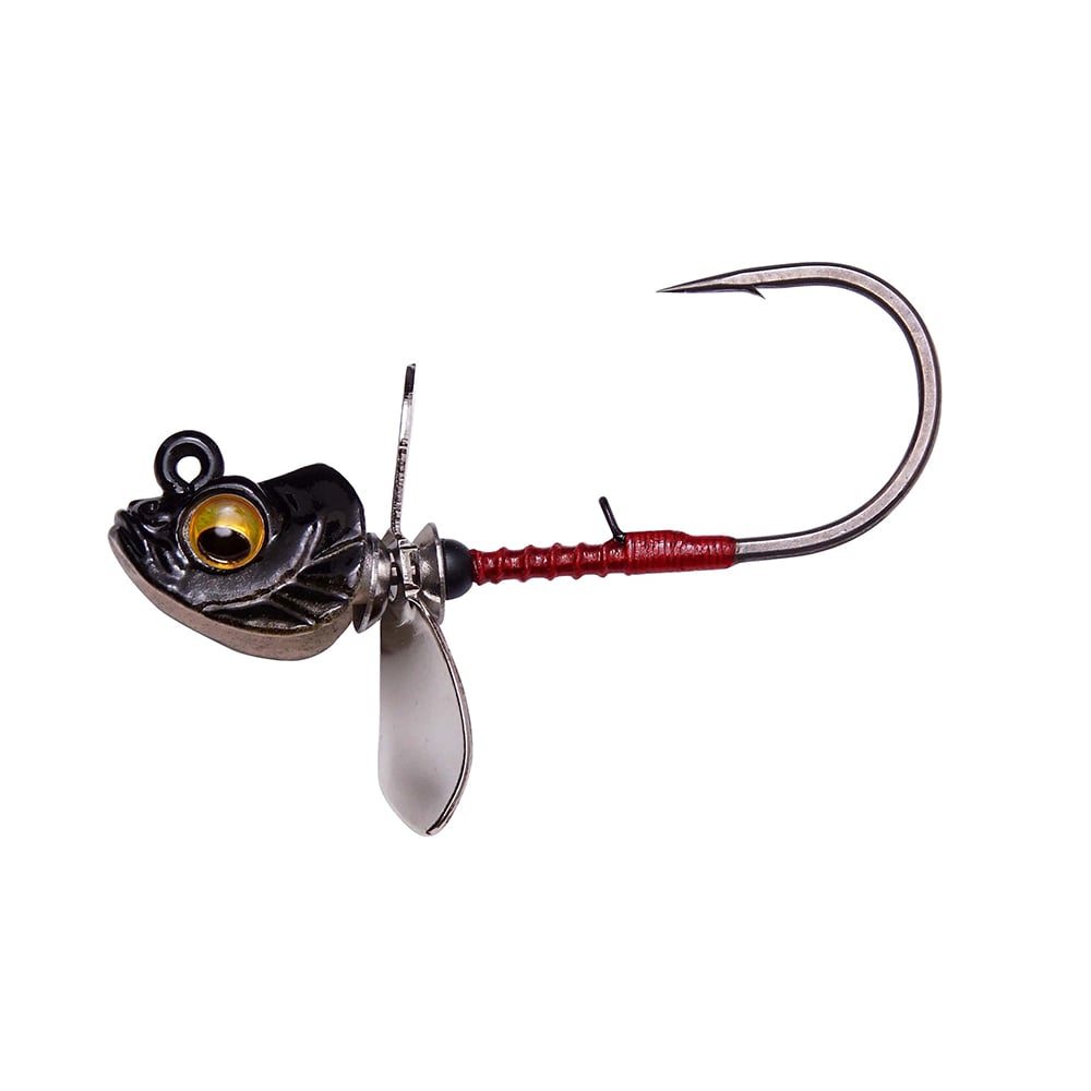 The Megabass Okashira Screwhead by Megabass features a fish-head design with a yellow eye, asymmetrical prop, red body detail, and a large exposed hook for superior penetration.