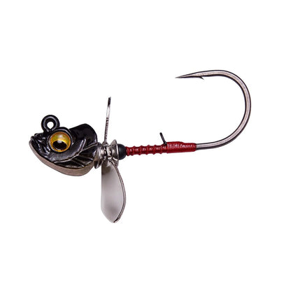 A close-up of the Megabass Okashira Screwhead by Megabass, a fish-shaped lure with a large yellow eye, asymmetrical prop, silver spinning blade beneath, red and silver segmented body, and a large curved hook for superior penetration.