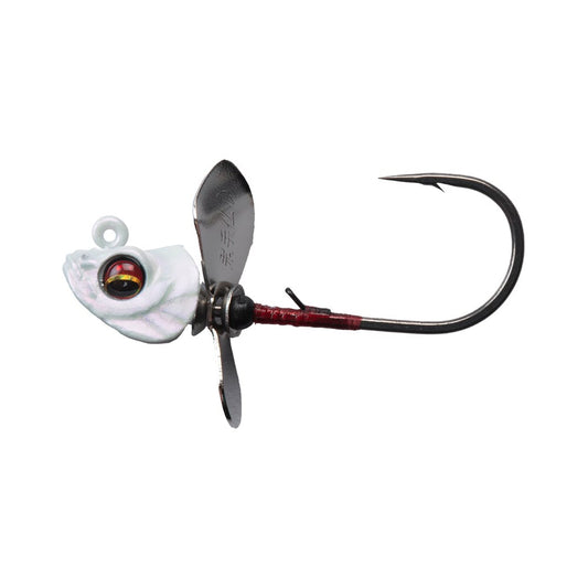 The Megabass Okashira Screwhead jig by Megabass features a white fish-shaped head with lifelike eye, asymmetrical prop, red-wrapped section, and large curved hook for excellent penetration.